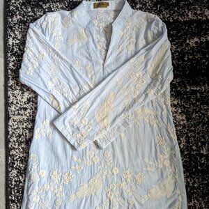 Yatra Embroidered Boho Chic Tunic Top Blue and White Made in India